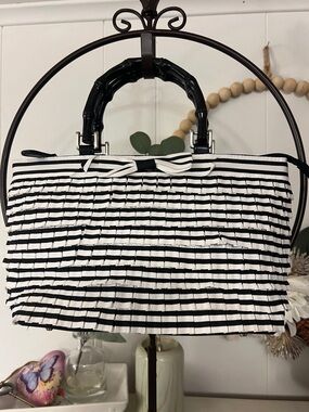 Black & White Striped Ruffle Top-Handle Bag